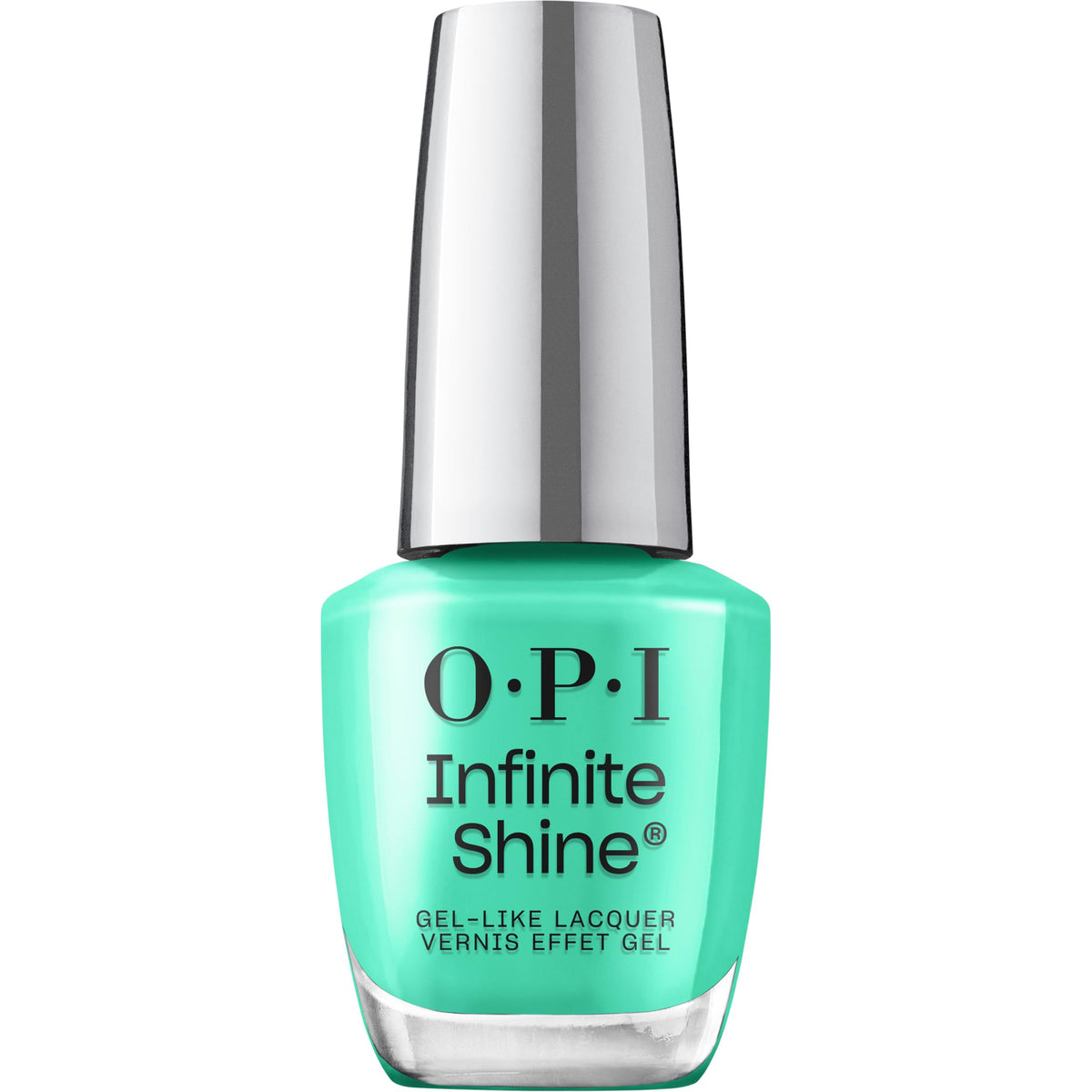 OPI Infinite Shine Follow the Ice Green Truck bottle shows icy-teal color and long-lasting shine.