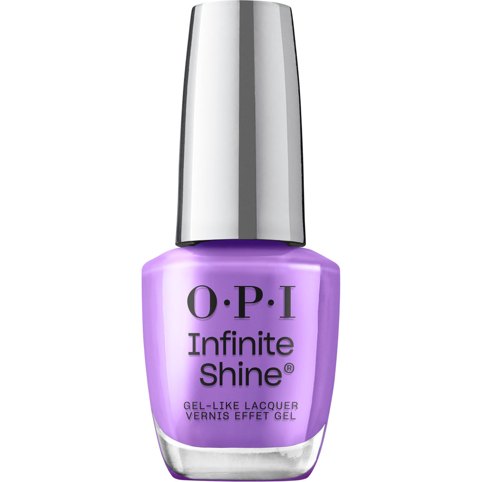 OPI Infinite Shine Here Plums the Sun bottle shows rich plum color with glossy finish.