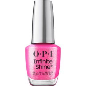 OPI Infinite Shine im-not-really-an-influencer bottle closeup showing glittery hot pink finish for bold nails