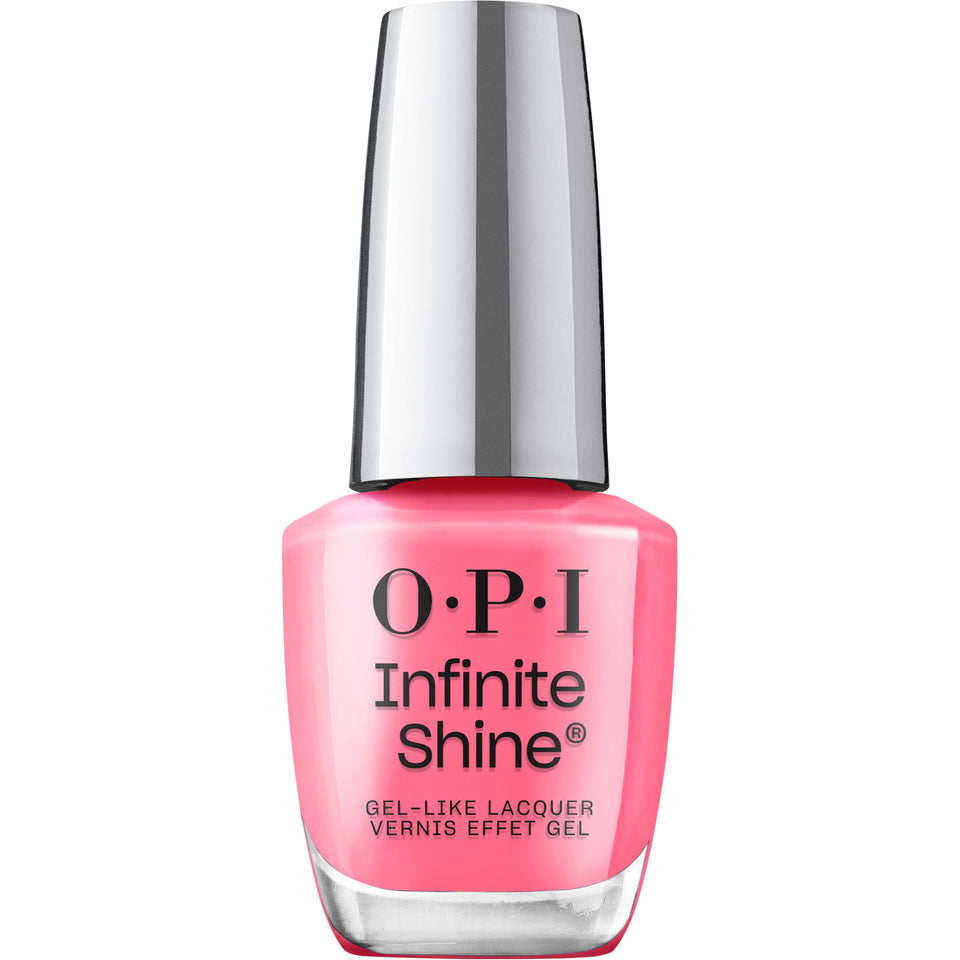 OPI Infinite Shine Lei Out in the Sun bottle with vibrant coral-pink polish, long-lasting shine.