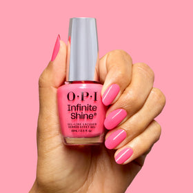 OPI Infinite Shine Lei Out in the Sun glossy finish under sunlit nails with beach vibes.