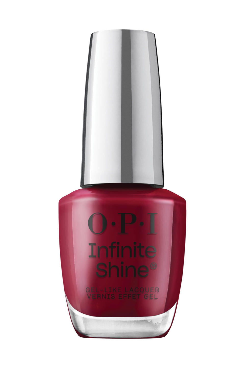 OPI Infinite Shine Malaga Wine bottle on glossy display showing long-lasting color and shine.