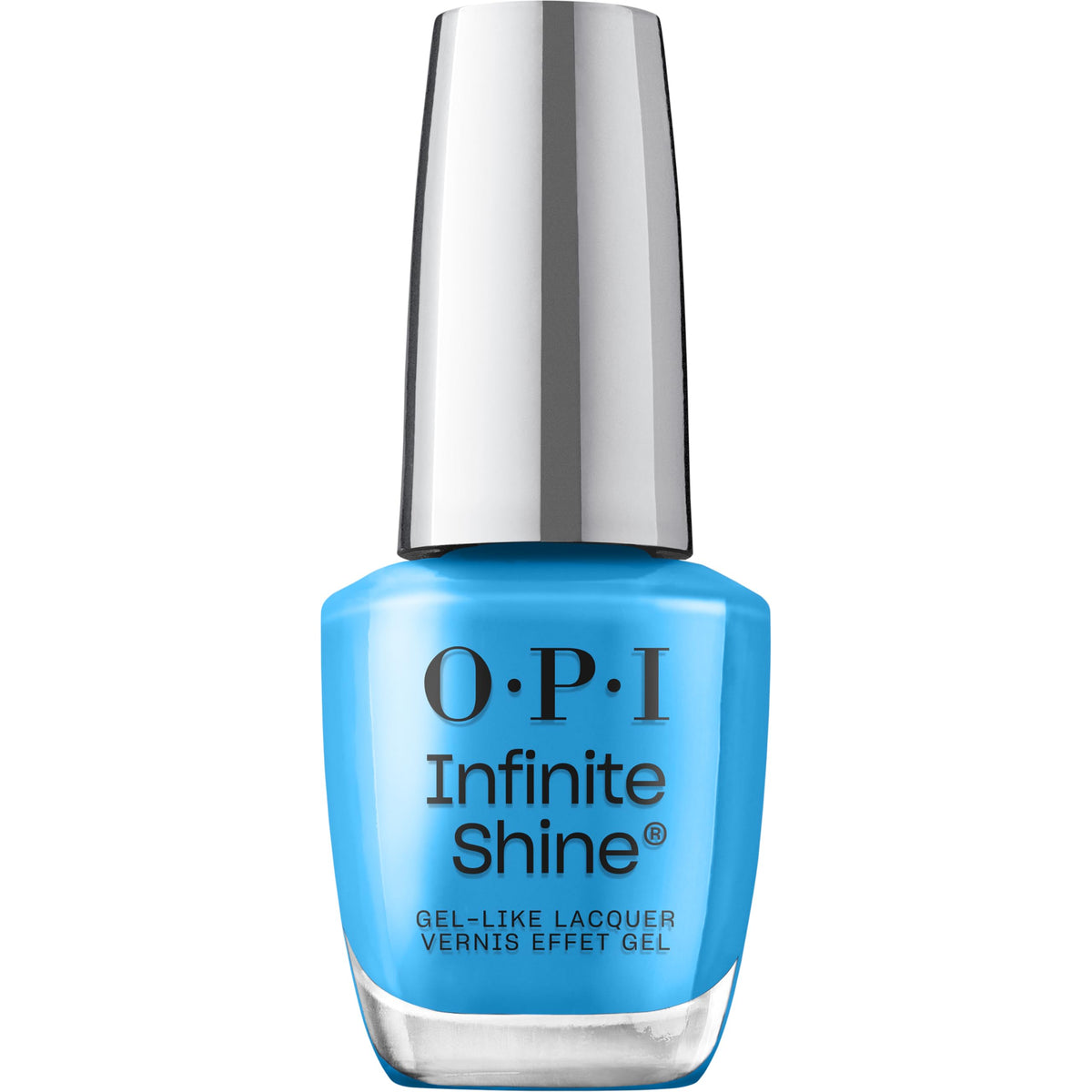 OPI Infinite Shine No Summer Blues bottle front shows vivid ocean blue color and lasting shine.