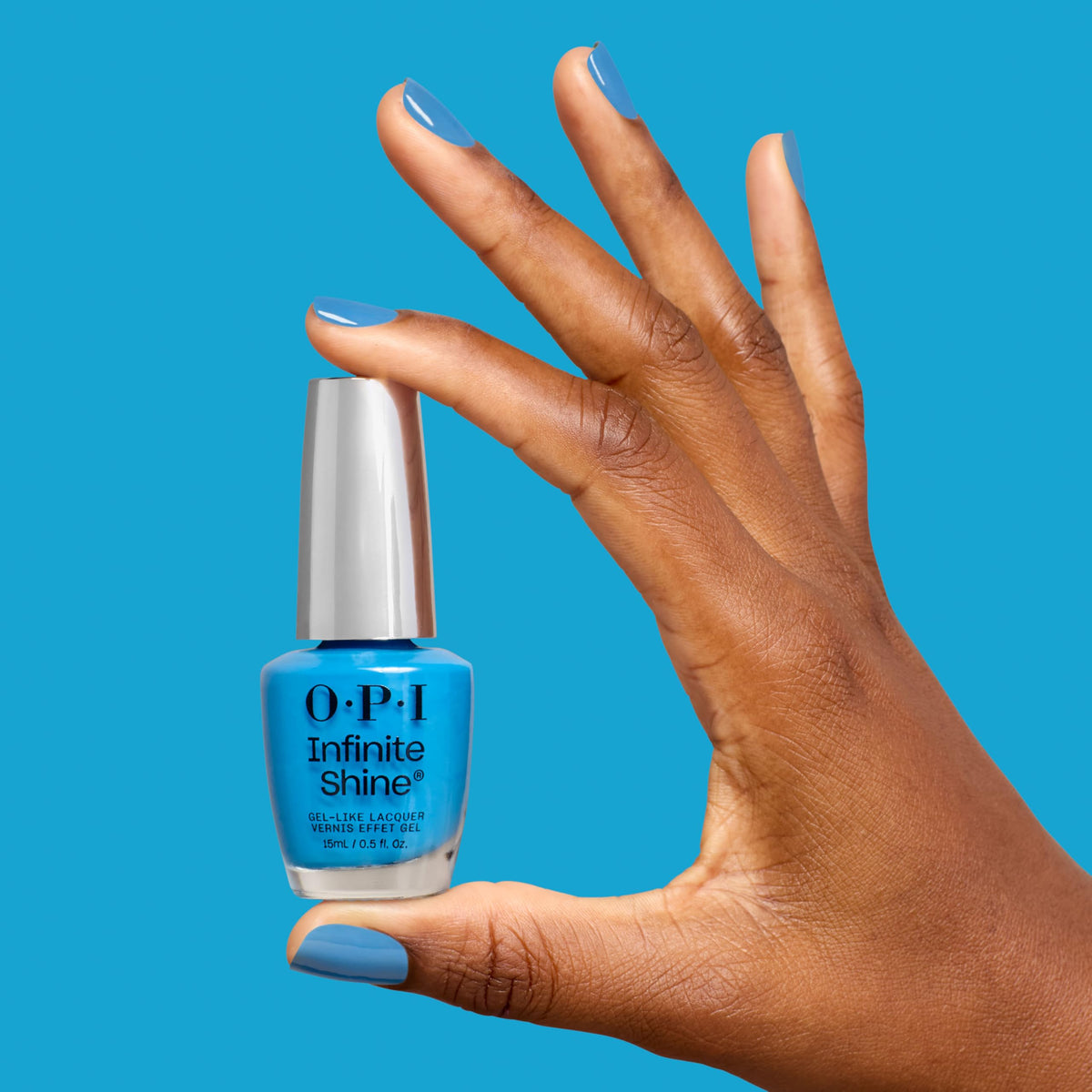 OPI Infinite Shine No Summer Blues swatch reveals opaque, vibrant blue on nails.