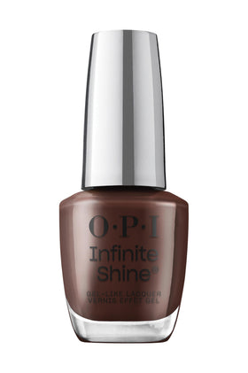 OPI Infinite Shine Not Afraid of the Dark bottle shows a rich brown creme finish.