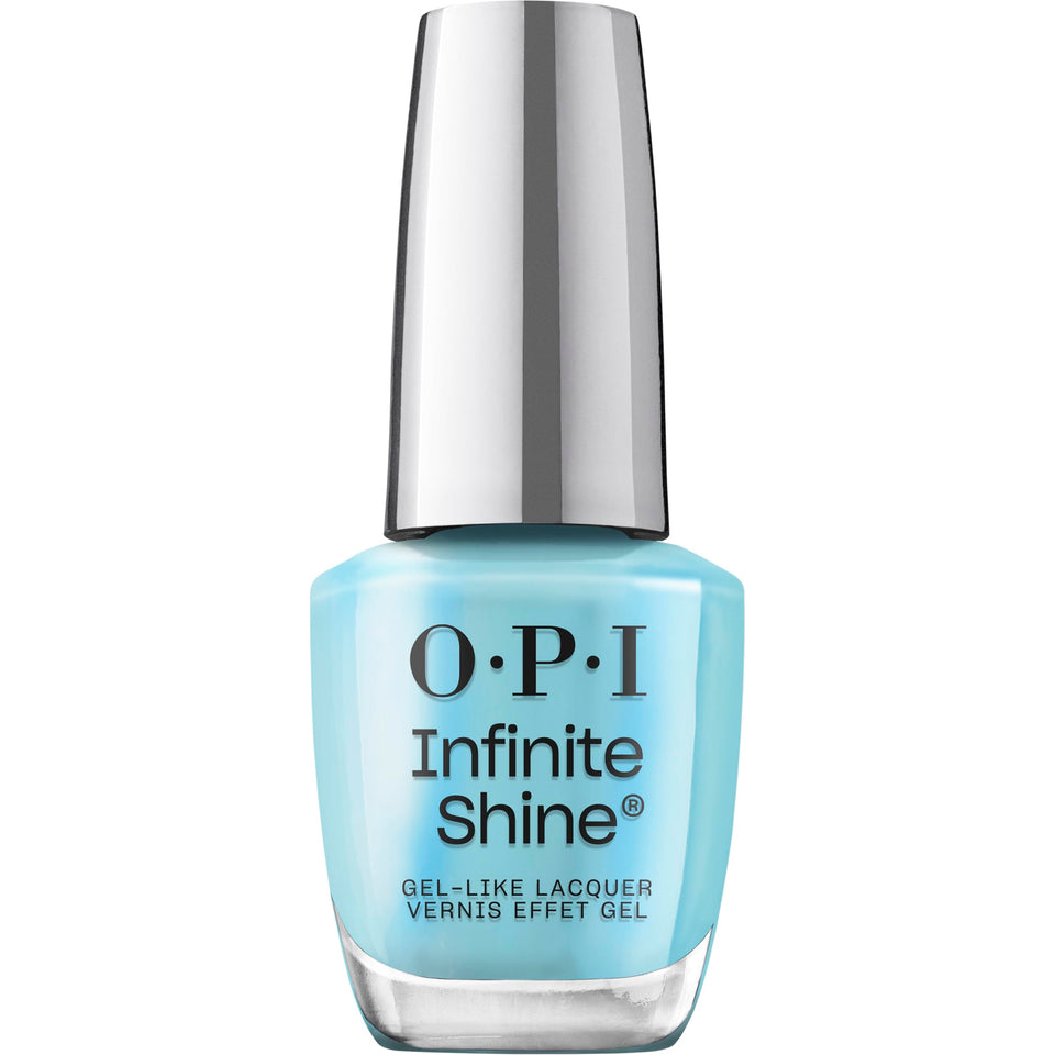OPI Infinite Shine Sea Me Now bottle close-up showing turquoise shimmer for vibrant nails