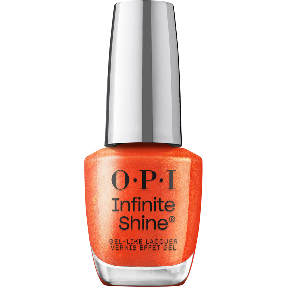 OPI Infinite Shine Shock Em Orange bottle with vibrant shimmer for long-lasting wear