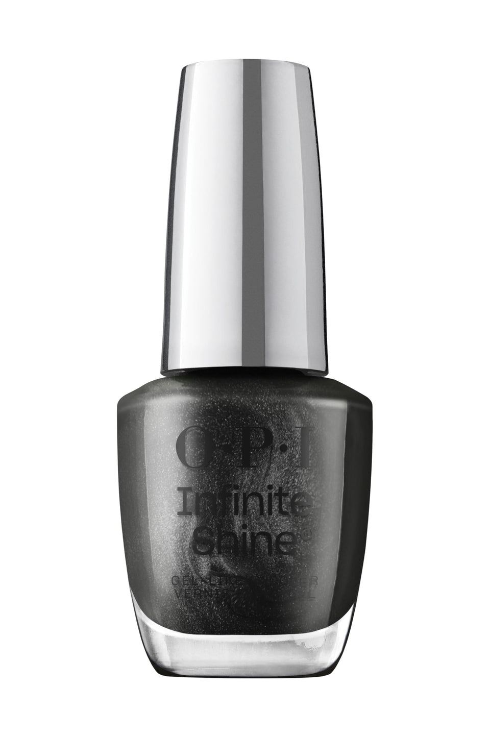 OPI Infinite Shine Stay & Night bottle shows deep gray pearl cream with gel-like wear.