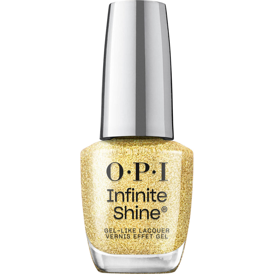 OPI Infinite Shine Sugarlips on My Tips gold shimmer close-up for festive nails