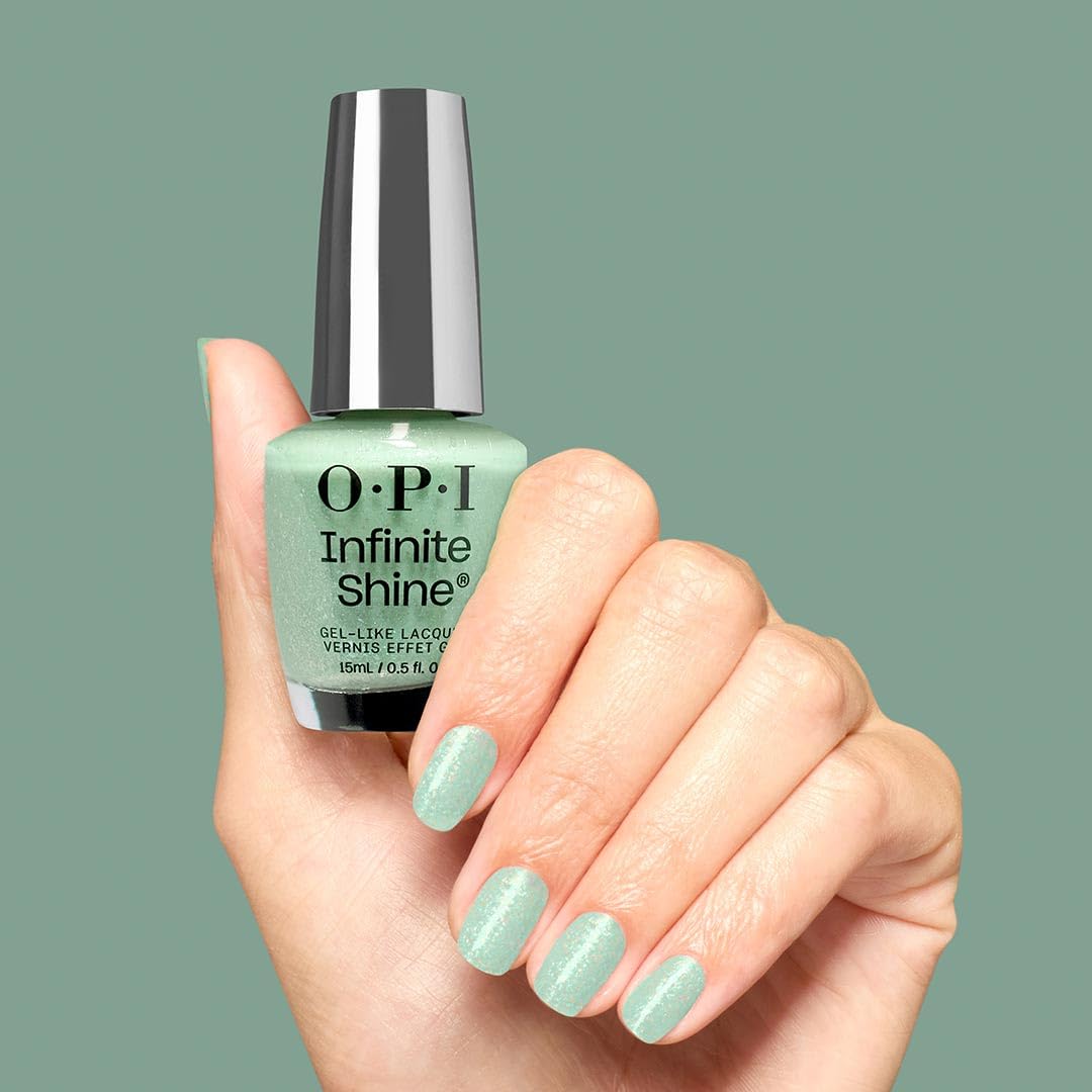 OPI Infinite Shine Teals Familiar manicure on nails with high gloss.