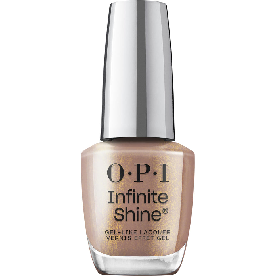 OPI Infinite Shine Track Suited Cutie bottle showing long-wear mauve with gold shimmer