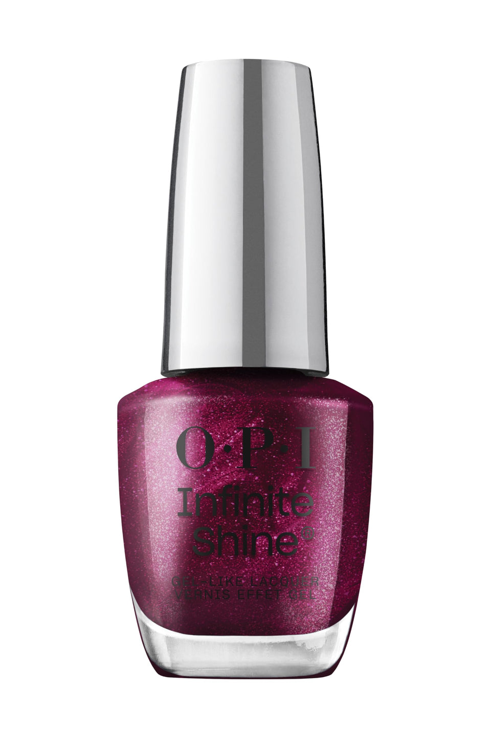 OPI Infinite Shine Vamp Champ bottle shows sheer dark purple shimmer for long-lasting wear