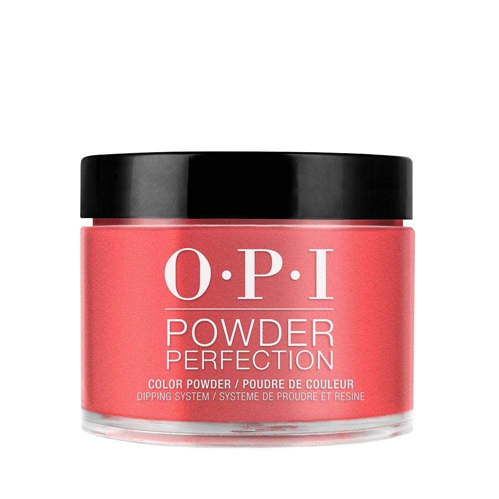 OPI Powder Perfection Cajun Shrimp bottle close-up shows vibrant orange shade for a bold manicure