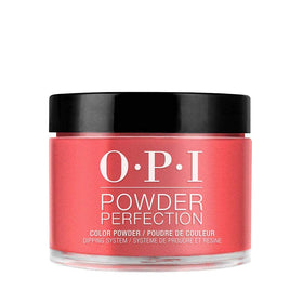 OPI Powder Perfection Cajun Shrimp bottle close-up shows vibrant orange shade for a bold manicure