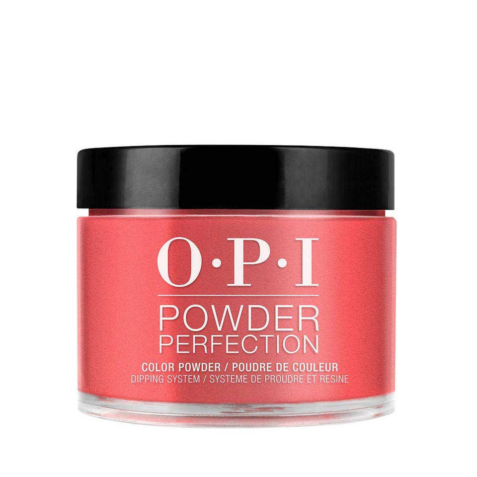 OPI Powder Perfection Cajun Shrimp bottle close-up shows vibrant orange shade for a bold manicure