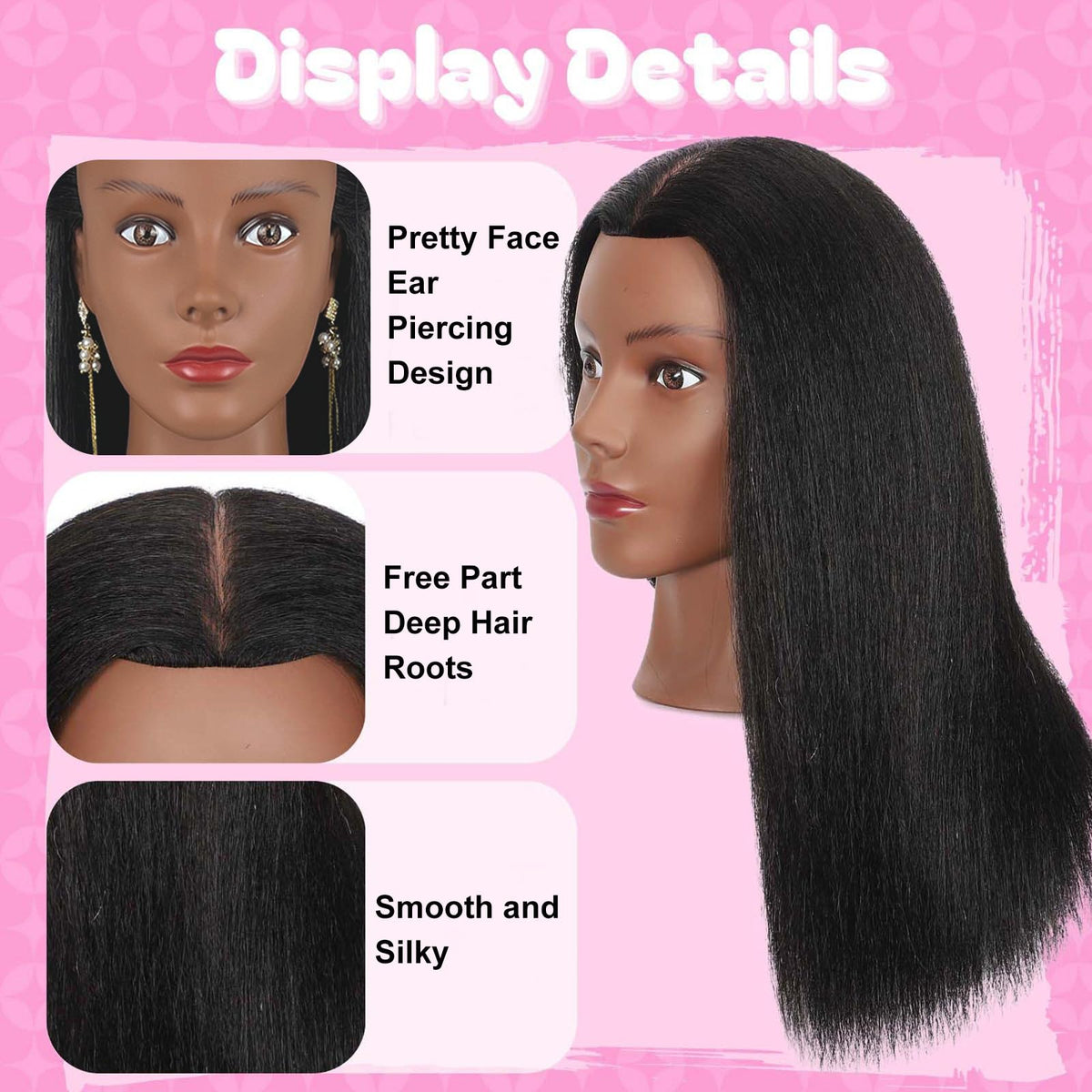Opini mannequin head closeup hair texture highlights realistic feel for styling demos.
