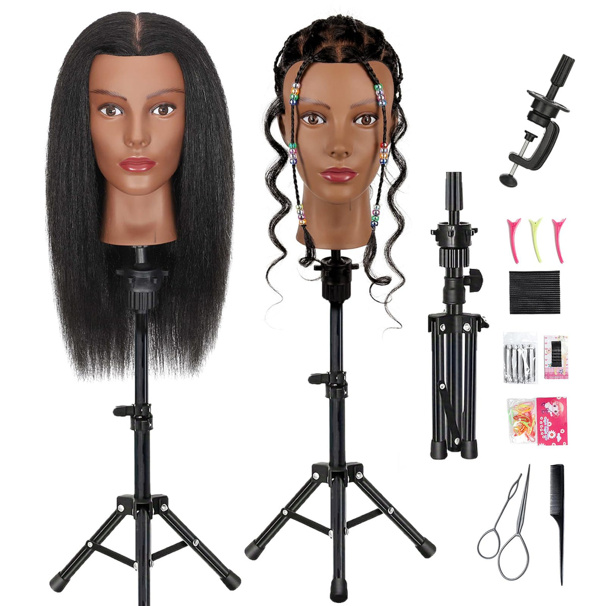 Opini mannequin head with 18-inch real hair for professional braiding practice.