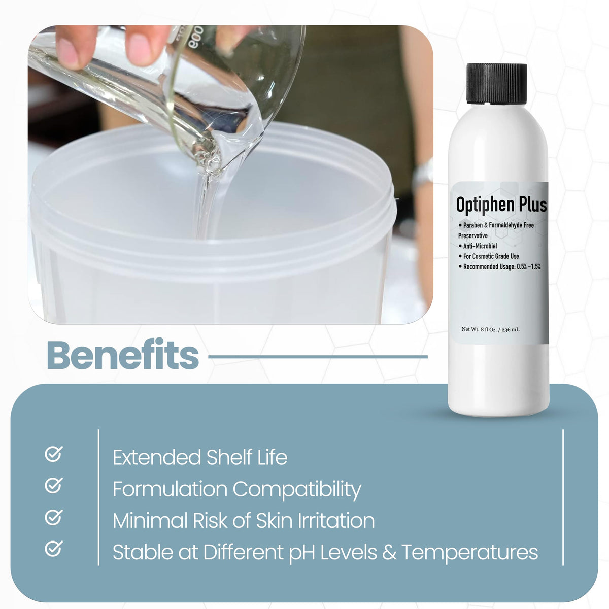 Optiphen Plus cream-emulsion pairing provides a smooth skin feel.