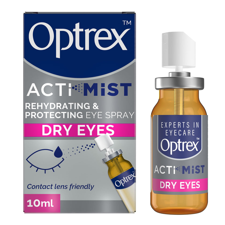 Optrex ActiMist 2in1 eye spray bottle shows dual-action rehydration.