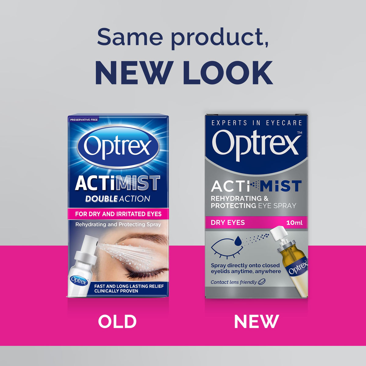 Optrex ActiMist spray nozzle close-up for easy, mess-free application.