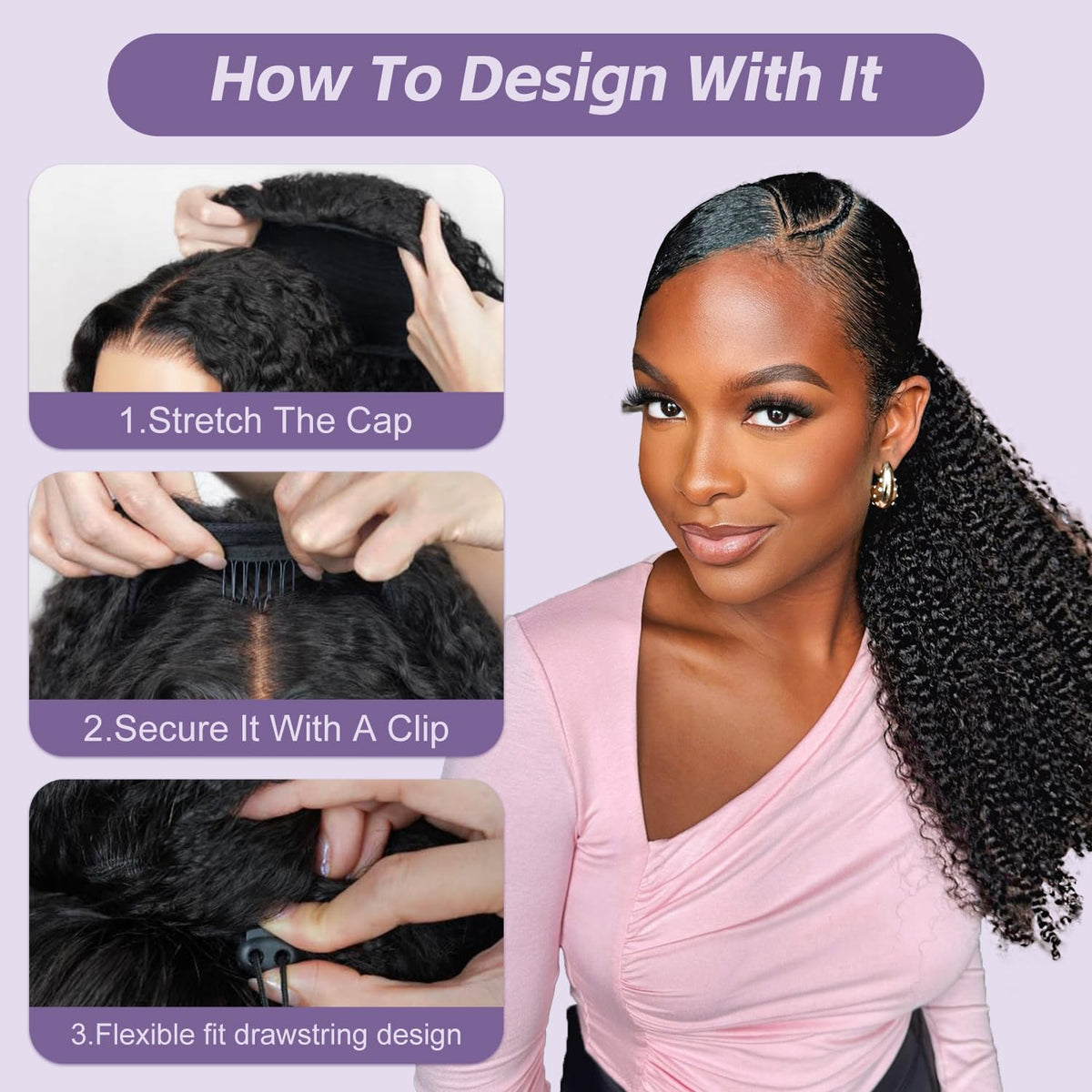 OQ Hair Afro Curly Half Wig drawstring cap offers adjustable secure fit.