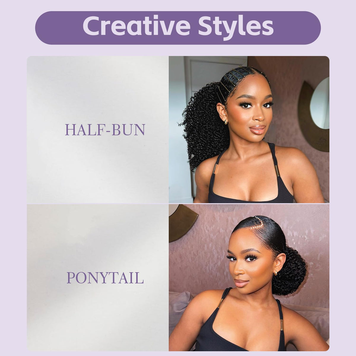 OQ Hair Afro Curly Half Wig wear-and-go look highlights quick styling.