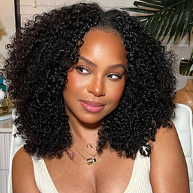 OQ Hair V Part Wig Afro curly texture with 180% density for fullness.