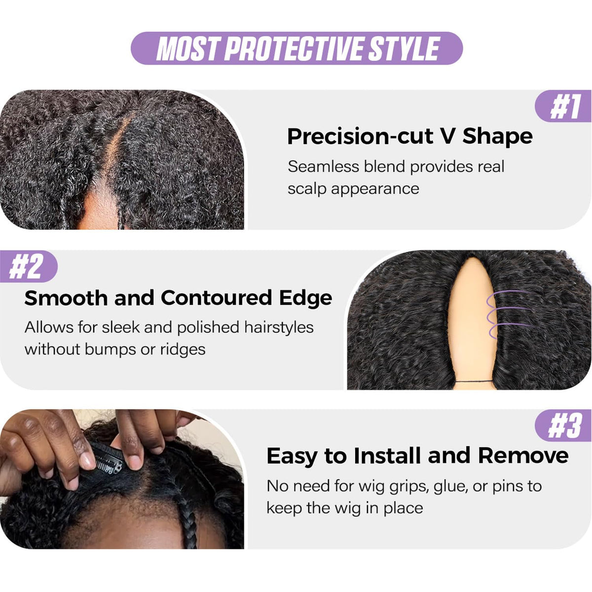 OQ Hair V Part Wig cap layout with 3 combs and 8 clips for hold.