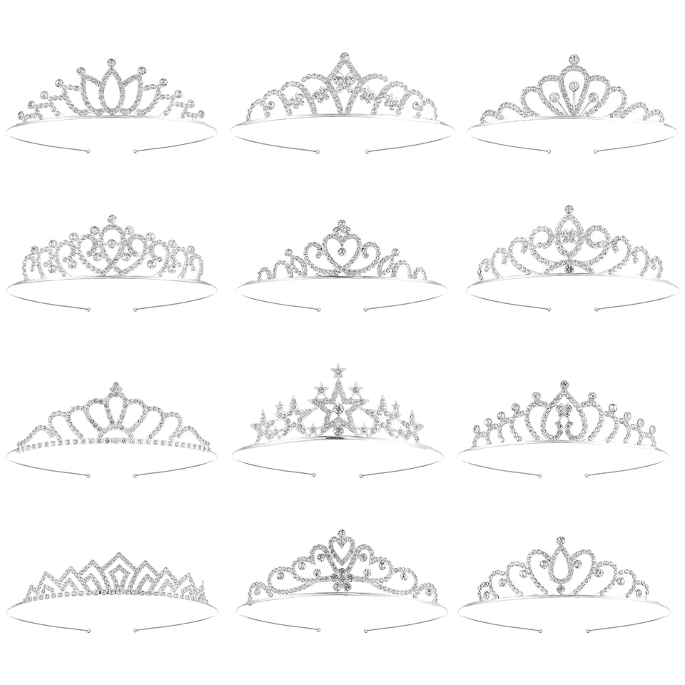 Oqqlin 12-pcs tiaras set offering versatile styles for weddings and parties.