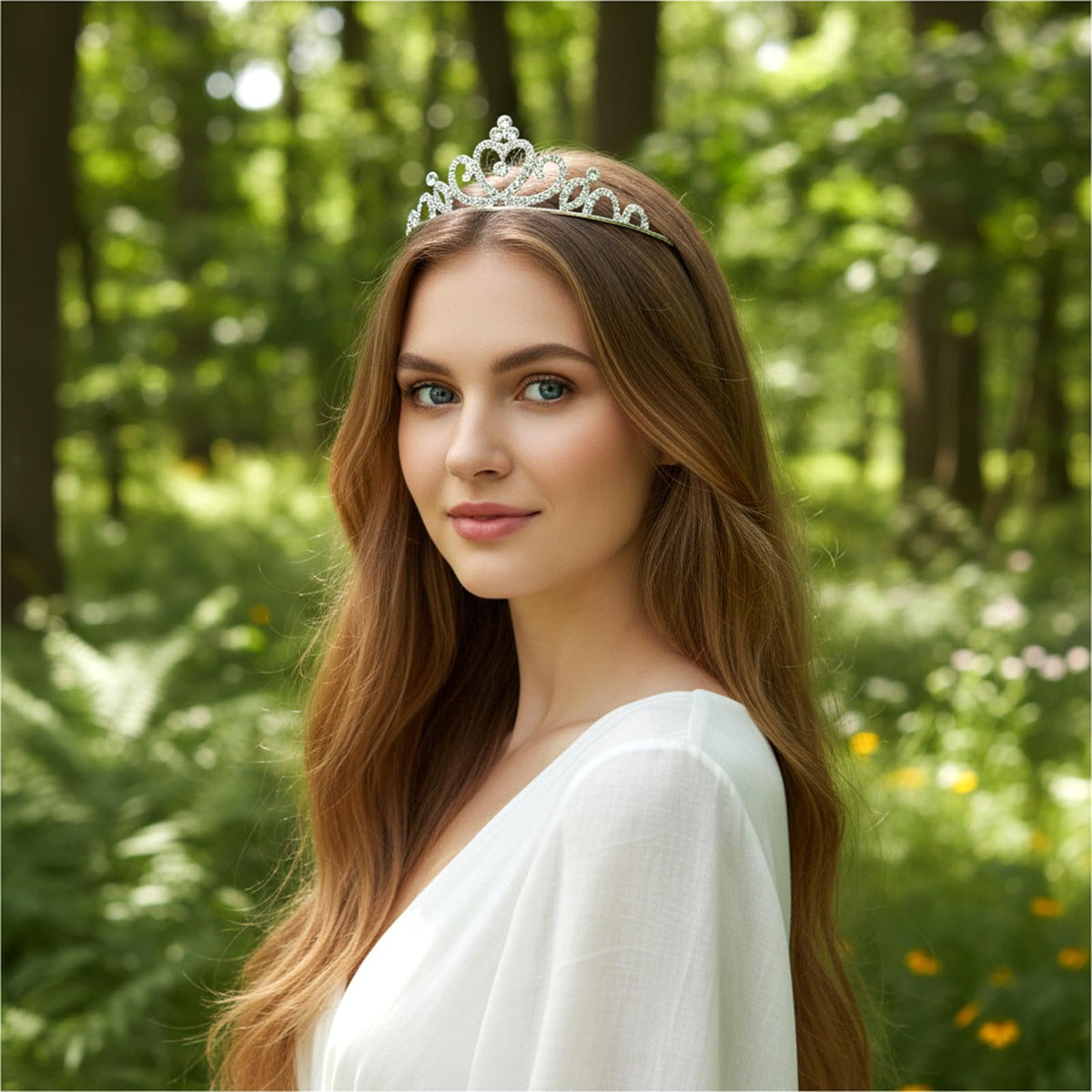 Oqqlin glitter tiara headbands provide eye-catching accents for pageants.