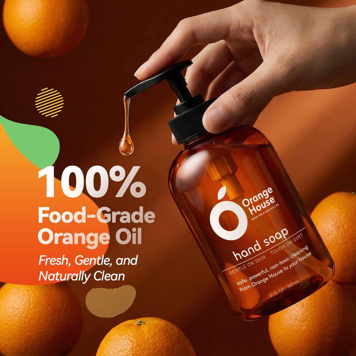 Orange House soap lather from the pump provides moisturizing wash after chores.