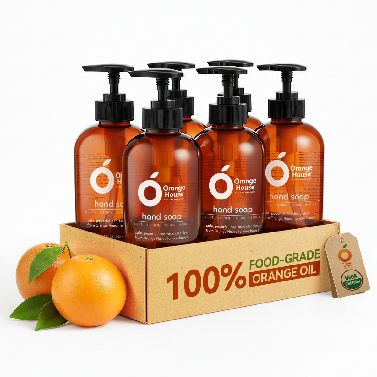 Orange House hand soap bottle delivering gentle cleansing for daily kitchen and bathroom use.