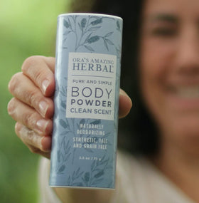 Body powder on skin demonstrates quick fresh feel with Ora's Amazing Herbal.