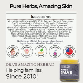 Ora's Amazing Herbal herbal base oil infusion with organic herbs supports skin nourishment.