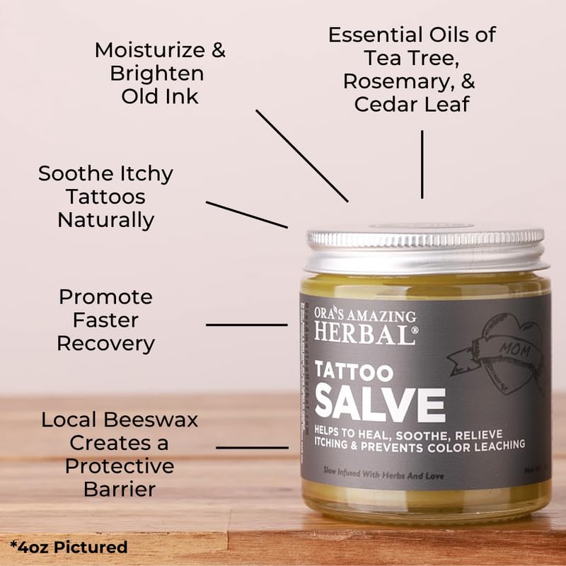 Ora's Amazing Herbal tattoo salve jar open showing creamy texture for itch relief.