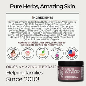 Ingredients close-up on Ora's Amazing Herbal Ultra Healing Body Butter for clean beauty.
