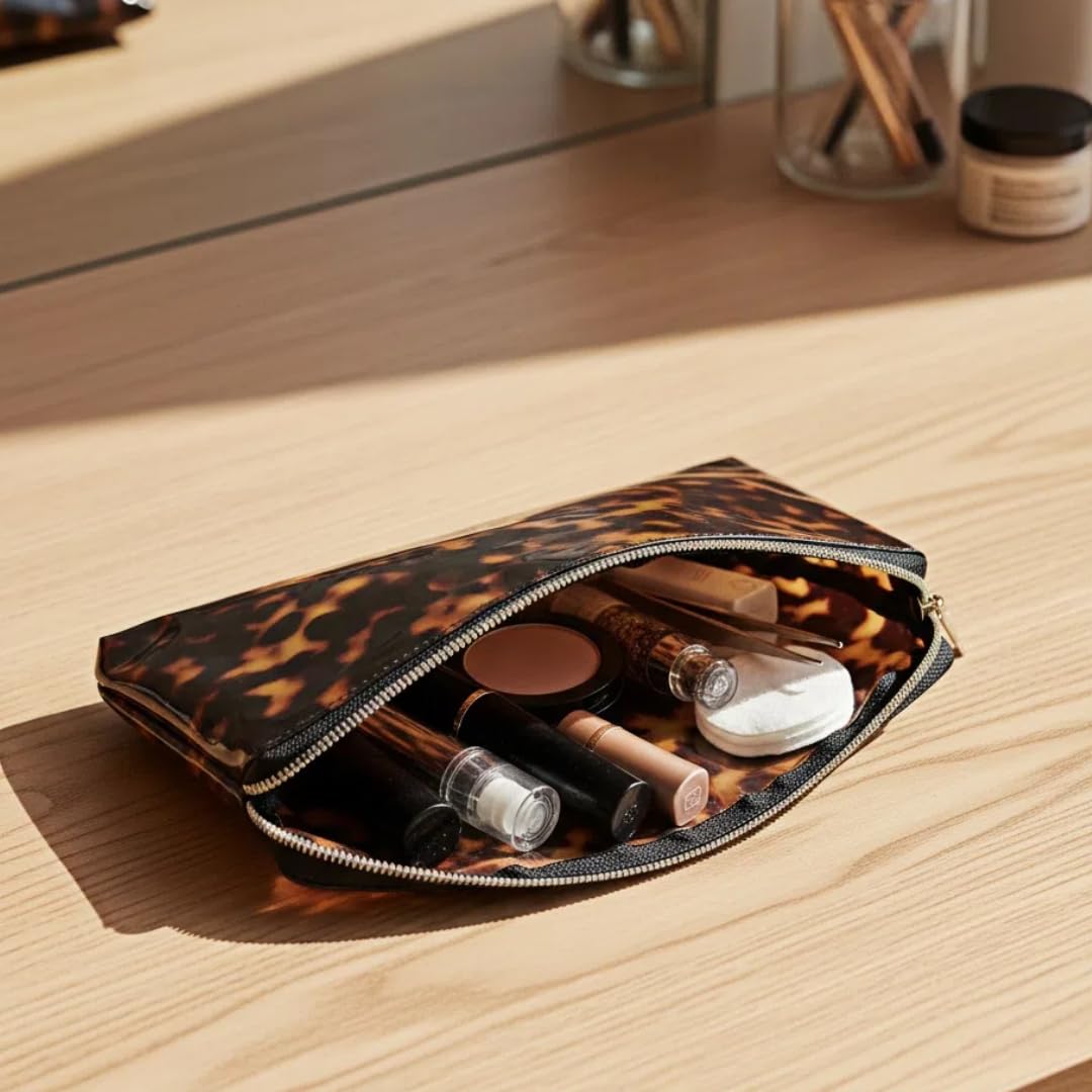 ORBENTO Retro tortoise makeup bag closeup print emphasizes durable water-resistant fabric.
