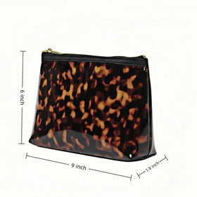 ORBENTO Retro tortoise makeup bag open zipper demonstrates secure closure and easy access.