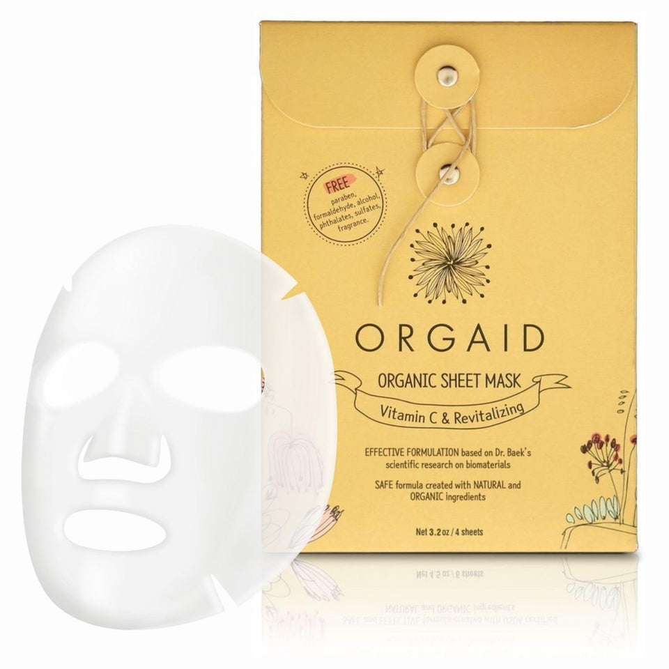 ORGAID organic sheet mask Vitamin C front label highlights radiant potential.