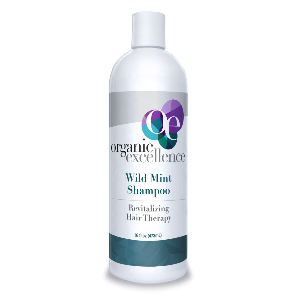 Organic Excellence Rosemary Mint Shampoo bottle on shelf for gentle chemical-free cleansing.