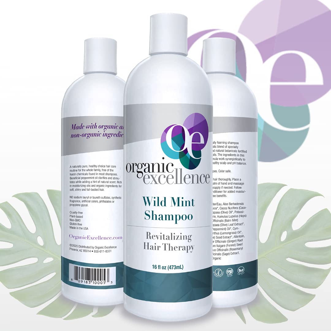 Organic Excellence Rosemary Mint Shampoo ingredients display plant-based formula for healthy hair.