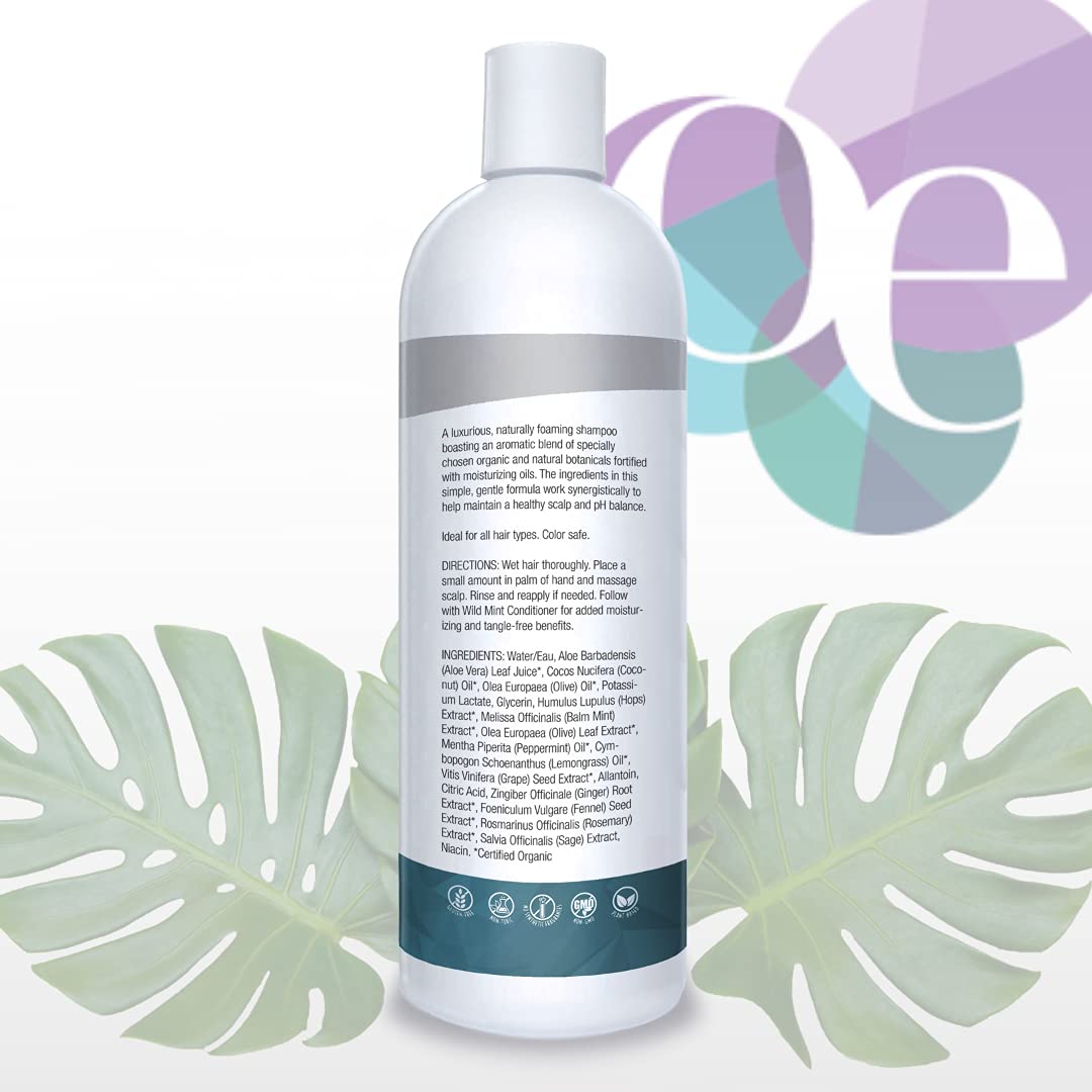 Organic Excellence Rosemary Mint Shampoo lather shown, promising refreshing cleanse.