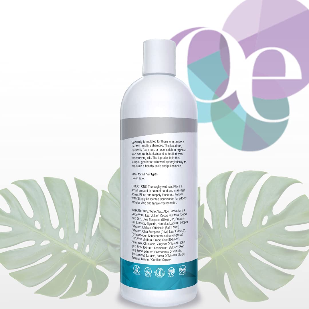 Organic Excellence simply unscented label closeup highlights fragrance-free, skin-friendly shampoo.