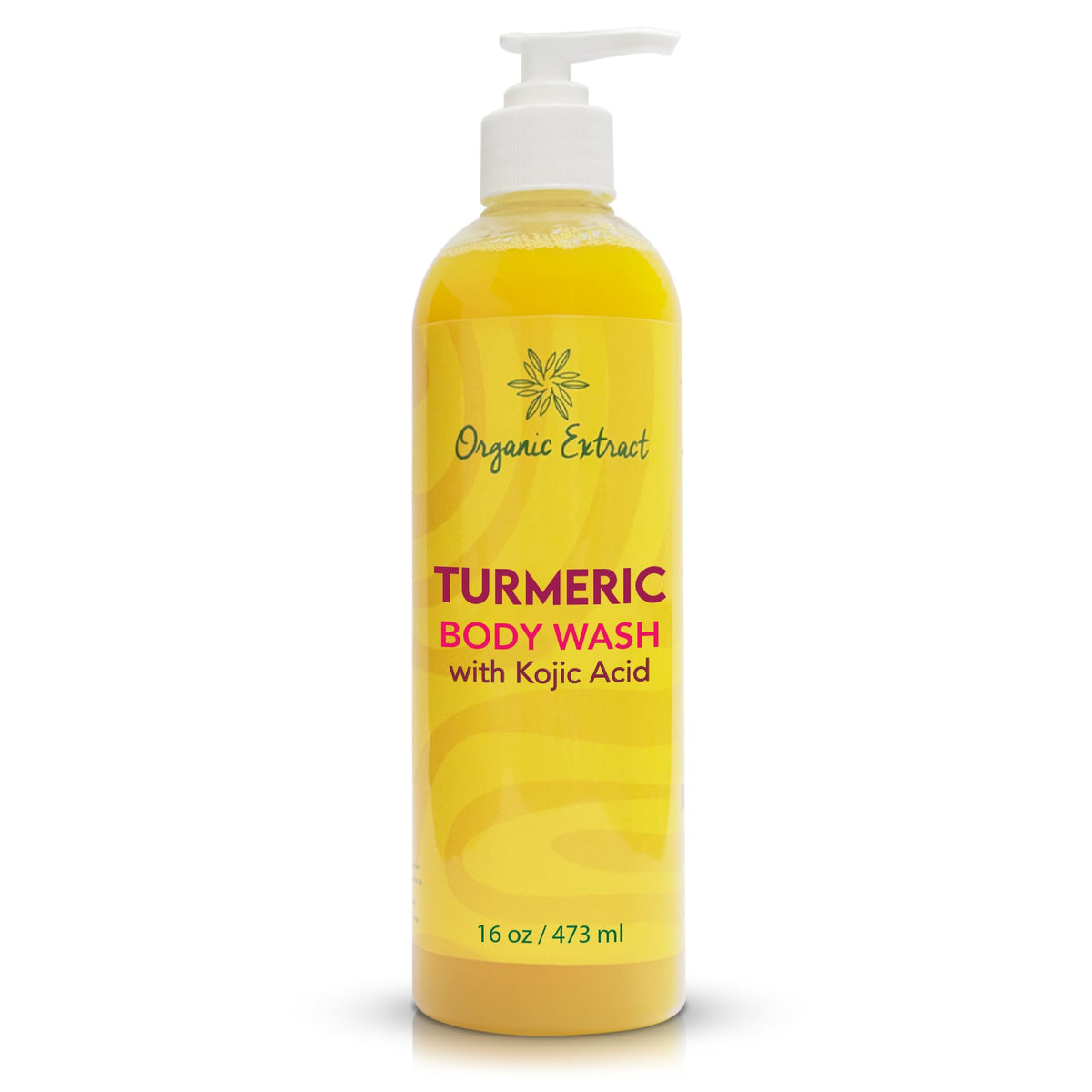 Organic Extract Turmeric Kojic Body Wash bottle shows a hydrating formula.