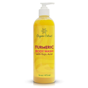 Organic Extract Turmeric Kojic Body Wash bottle shows a hydrating formula.