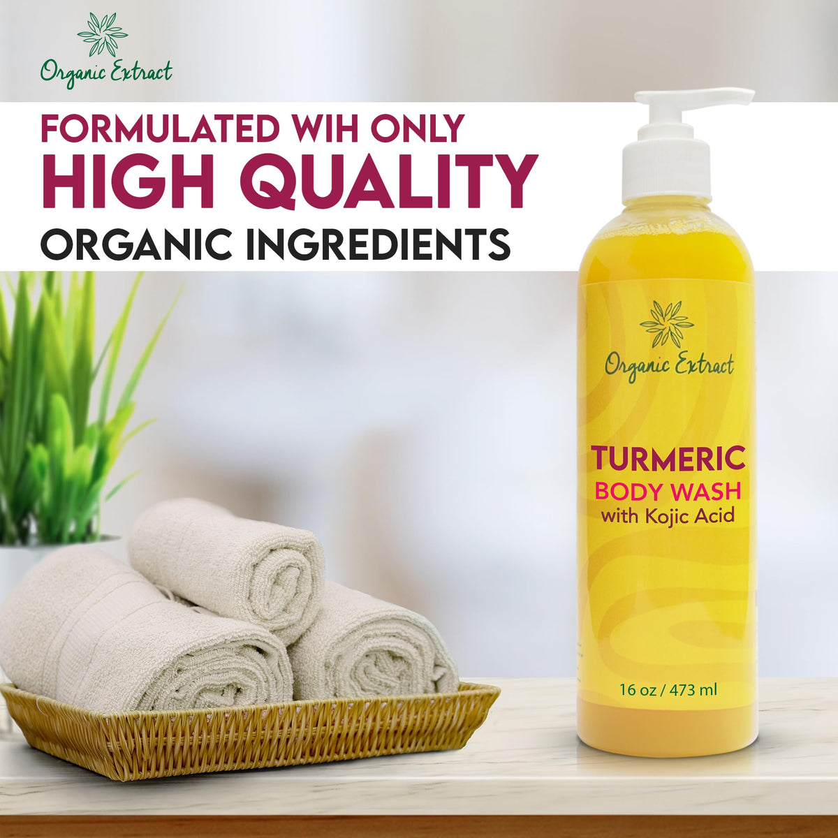 Organic Extract Turmeric Kojic Body Wash on display in a luxury bathroom.