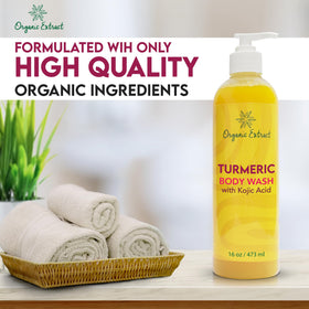 Organic Extract Turmeric Kojic Body Wash on display in a luxury bathroom.