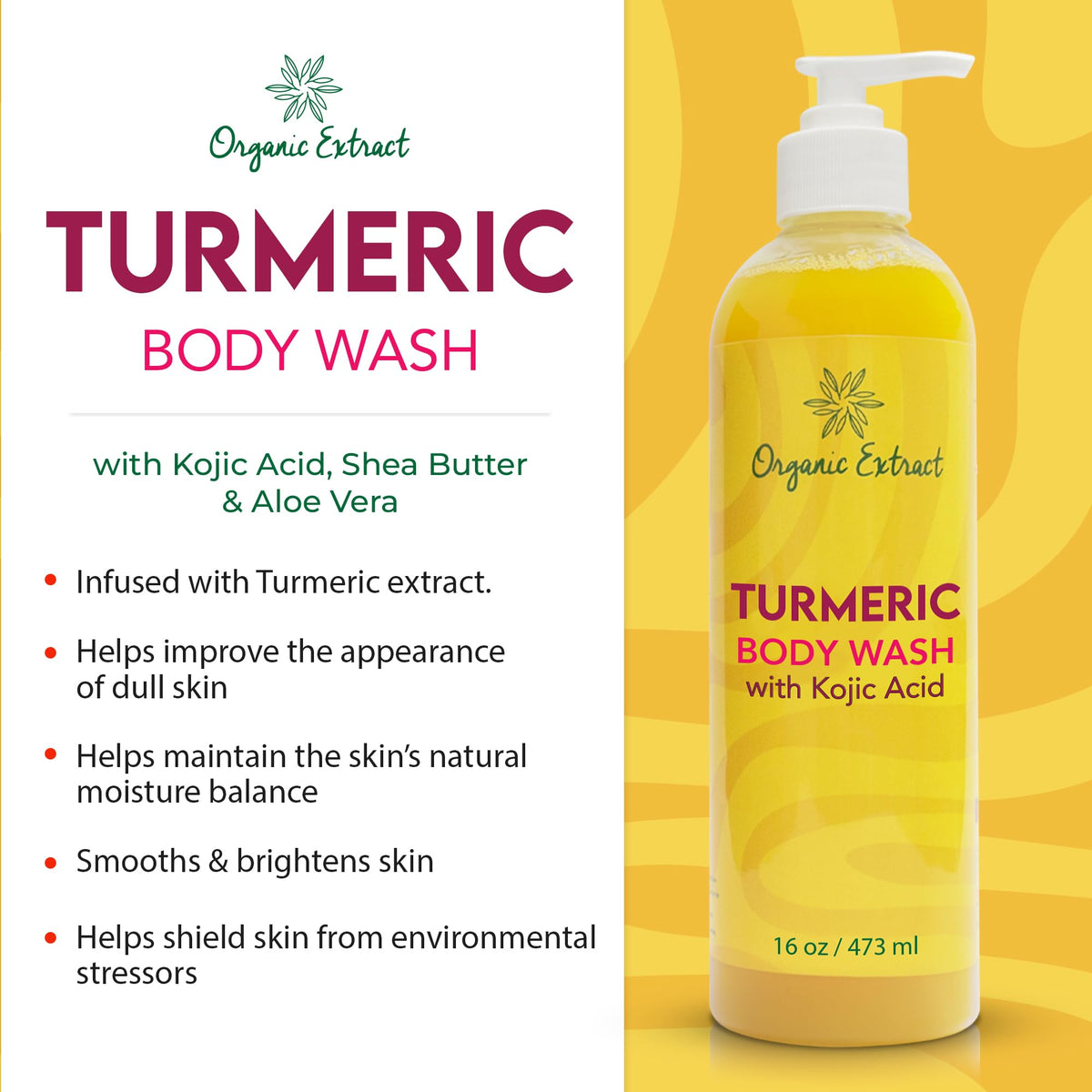 Organic Extract Turmeric Kojic Body Wash ingredients highlight shea butter and aloe.