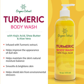 Organic Extract Turmeric Kojic Body Wash ingredients highlight shea butter and aloe.