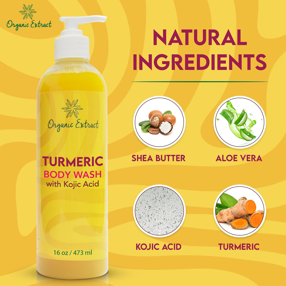 Organic Extract Turmeric Kojic Body Wash foaming lather delivers spa-like cleansing.